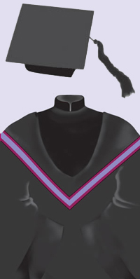 A black cap with a black tassel. A black robe with black velvet trimmings on the front and the sleeves, and a Mandarin collar; black hood edged in mauve and bordered in deep magenta.