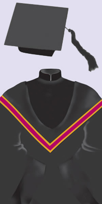 A black cap with a black tassel. A black robe with black velvet trimmings on the front and the sleeves, and a Mandarin collar; black hood edged in magenta and bordered in gold.