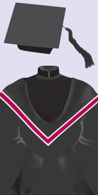 A black cap with a black tassel. A black robe with black velvet trimmings on the front and the sleeves, and a Mandarin collar; black hood edged in deep magenta and bordered in ivory.