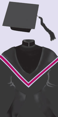 A black cap with a black tassel. A black robe with black velvet trimmings on the front and the sleeves, and a Mandarin collar; black hood edged in deep magenta and bordered in light purple.