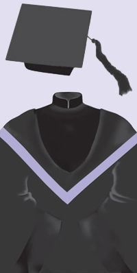 A black cap with a black tassel. A black robe with black velvet trimmings on the front and the sleeves, and a Mandarin collar; black hood edged in mauve.