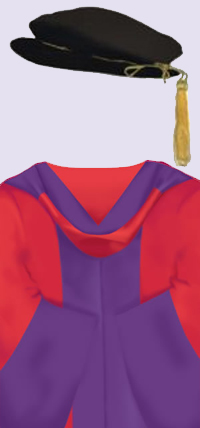 A black cap with a gold tassel. A scarlet red robe with purple facings down each side in the front and around the bell-shaped sleeves; scarlet red hood lined with purple.