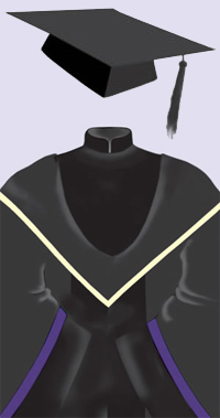 A black cap with a black tassel. A black robe with black velvet trimmings on the front and the sleeves and a Mandarin collar; purple line on upper edge of sleeve trimmings; hood lined and edged in pale yellow.