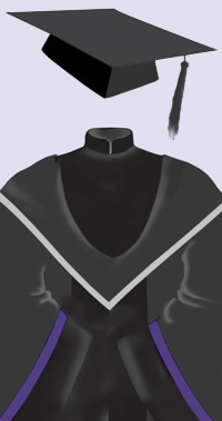 A black cap with a black tassel. A black robe with black velvet trimmings on the front and the sleeves and a Mandarin collar; purple line on upper edge of sleeve trimmings; hood lined and edged in grey.