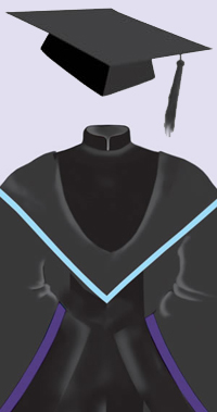A black cap with a black tassel. A black robe with black velvet trimmings on the front and the sleeves and a Mandarin collar; purple line on upper edge of sleeve trimmings; hood lined and edged in light blue.