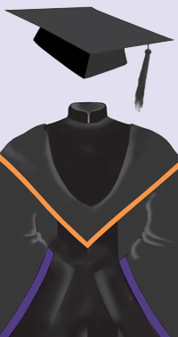 A black cap with a black tassel. A black robe with black velvet trimmings on the front and the sleeves and a Mandarin collar; purple line on upper edge of sleeve trimmings; hood lined and edged in orange.