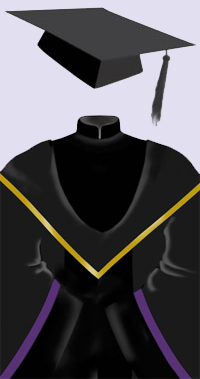 A black cap with a black tassel. A black robe with black velvet trimmings on the front and the sleeves and a Mandarin collar; purple line on upper edge of sleeve trimmings; hood lined and edged in old gold.