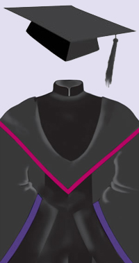 A black cap with a black tassel. A black robe with black velvet trimmings on the front and the sleeves and a Mandarin collar; purple line on upper edge of sleeve trimmings; hood lined and edged in deep magenta.