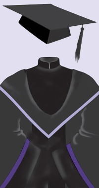 A black cap with a black tassel. A black robe with black velvet trimmings on the front and the sleeves and a Mandarin collar; purple line on upper edge of sleeve trimmings; hood lined and edged in mauve.