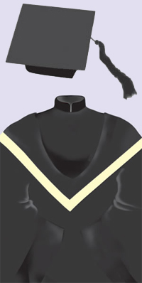 A black cap with a black tassel. A black robe with black velvet trimmings on the front and the sleeves, and a Mandarin collar; black hood edged in pale yellow.