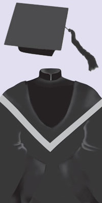 A black cap with a black tassel. A black robe with black velvet trimmings on the front and the sleeves, and a Mandarin collar; black hood edged in grey.