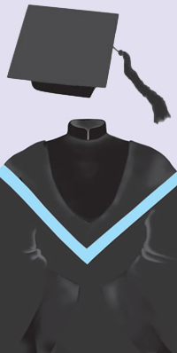 A black cap with a black tassel. A black robe with black velvet trimmings on the front and the sleeves, and a Mandarin collar; black hood edged in light blue.