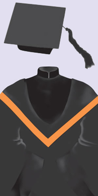 A black cap with a black tassel. A black robe with black velvet trimmings on the front and the sleeves, and a Mandarin collar; black hood edged in orange.