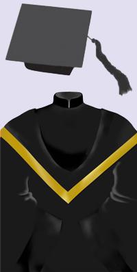 A black cap with a black tassel. A black robe with black velvet trimmings on the front and the sleeves, and a Mandarin collar; black hood edged in old gold.
