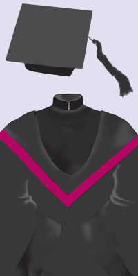 A black cap with a black tassel. A black robe with black velvet trimmings on the front and the sleeves, and a Mandarin collar; black hood edged in deep magenta.