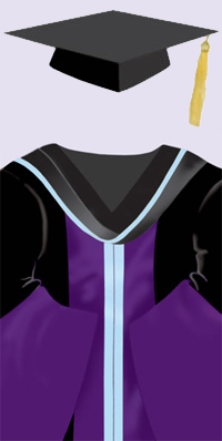 A black cap with a gold tassel. A black robe with purple facings down each side in the front and around the bell-shaped sleeves. The purple facings are edged in light blue which is the faculty colour for education; black hood lined with purple and light blue edging.