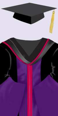 A black cap with a gold tassel. A black robe with purple facings down each side in the front and around the bell-shaped sleeves. The purple facings are edged in deep magenta which is the faculty colour for medicine; black hood lined with purple and deep magenta edging.