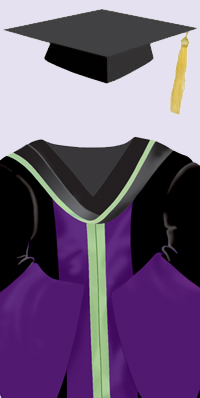 A black cap with a gold tassel. A black robe with purple facings down each side in the front and around the bell-shaped sleeves. The purple facings are edged in sage green which is the faculty colour for social science; black hood lined with purple and sage green edging.
